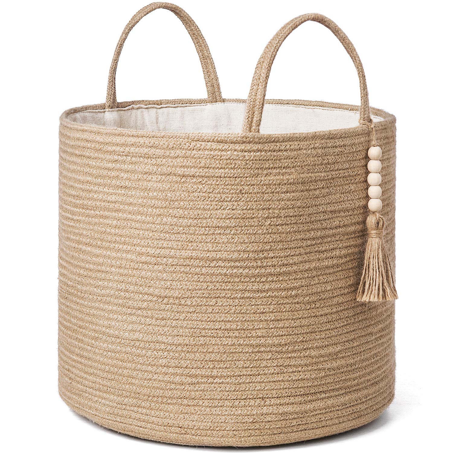 Woven Storage Basket Decorative Rope Basket Wooden Bead Decoration